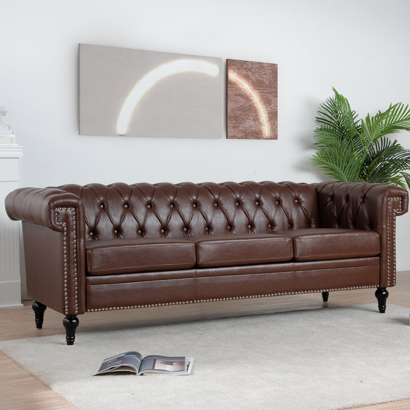 3 avec 81,92 po de largeur, accoudoirs carrés, cuir d'unité centrale brun foncé, coussins amovibles, accoudoirs matériaux, unité centrale, spacieux et confortable