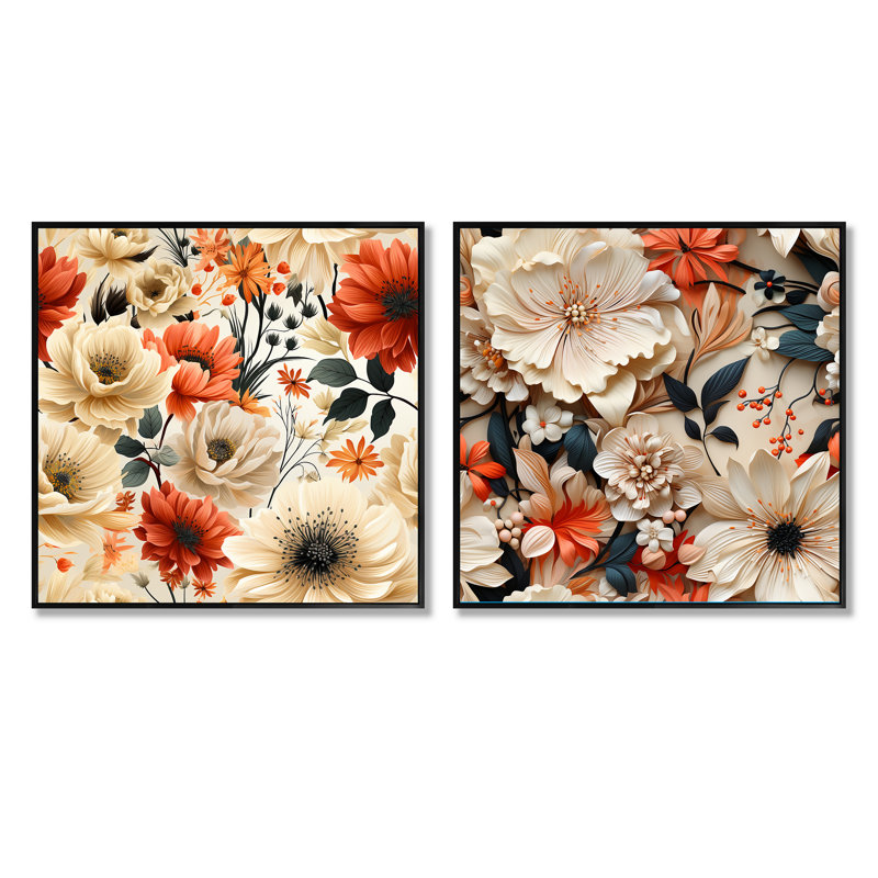 Henkel - Ensemble de 2 collages carrés floraux, Cadre flottant noir, H 16 po x l 33 po