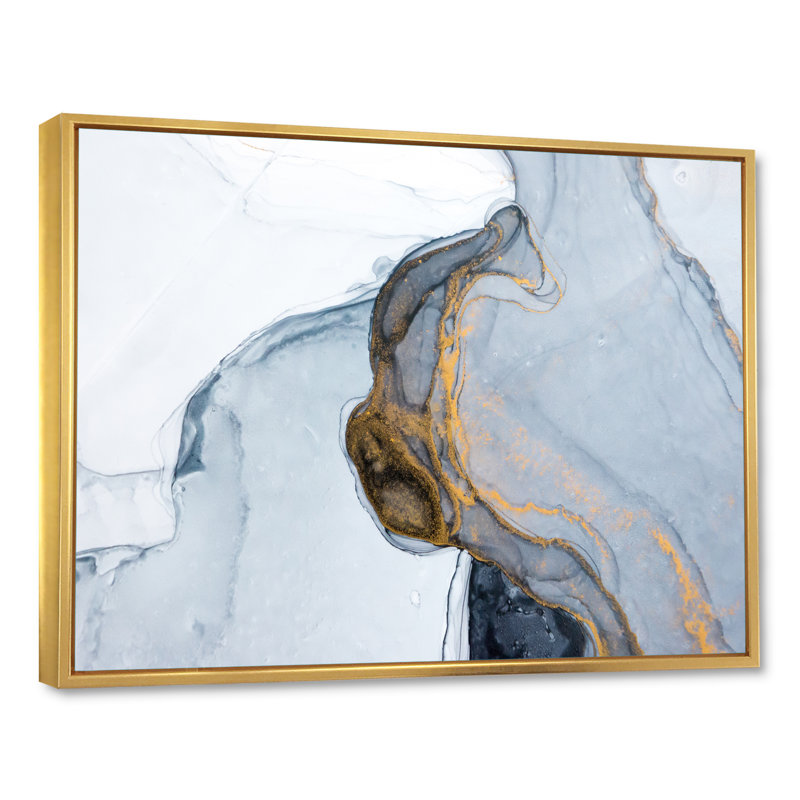 Luxe luxueux or gris marbré, art sur toile moderne, H 34 po x l 44 po x P 1,5 po, Toile encadrée flottante dorée