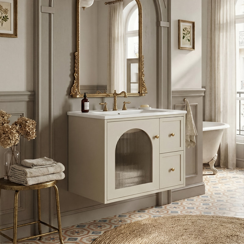 24" Modern Floating Bathroom Vanity With Arched Glass Door, Wall-Mounted Cabinet With Ceramic Sink & 2 Drawers (White / Black / Beige)