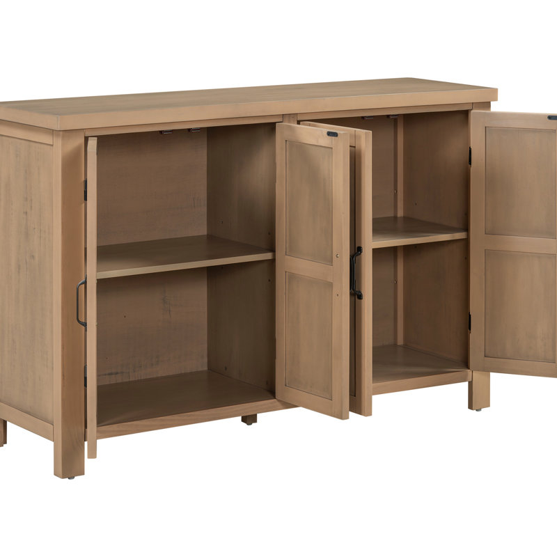 Buffet avec 4 portes, tablettes flexibles, poignées en métal rétro, pieds en bois de pin - convient pour le couloir et le bureau, buffet à 4 portes avec tablette réglable, pieds, vestibule au design charmant, matériau