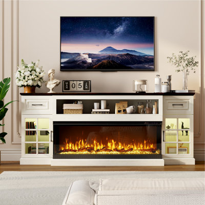 Meuble télé 81 po avec foyer électrique à 3 côtés de 50 po, centre de divertissement à DEL pour téléviseur de 90 po ou moins, console multimédia avec armoires de rangement et tiroirs pour le salon, la chambre à coucher