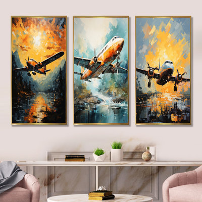 In Flight Plane Horizons - Ensemble de 3 impressions sur toile