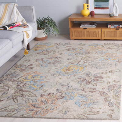 Tapis floral gris / bleu en laine / coton touffeté Thaddeus