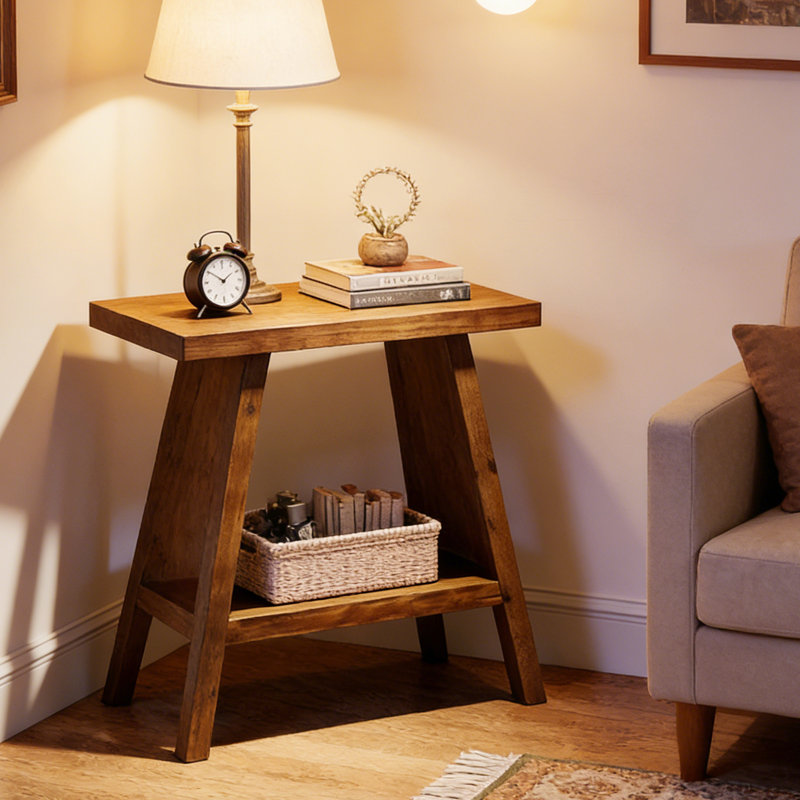 Solid Wood 2-Tier End Table, Sofa Side Table with Storage Shelf