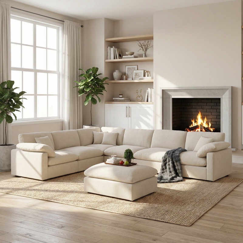 7 seater 145" Extra Deep Sectional Sofa Modern L-Shaped Modular Sectional Chenille Sofa with Ottoman, Beige Chenille