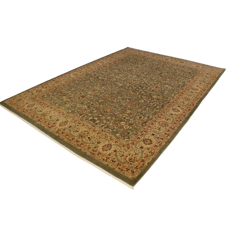 Tapis beige / vert en laine noué à la main 9 pi 1 po x 12 pi 9 po Abagail