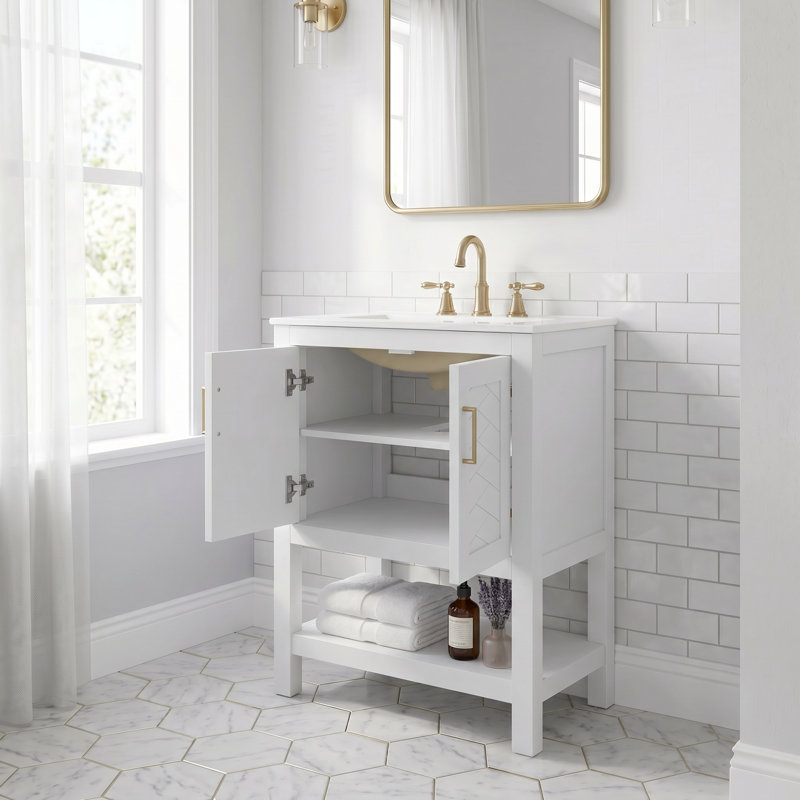 Meuble-lavabo moderne autoportant 24 po blanc avec lavabo en céramique, tablette ajustable, conception élégante en sergé, charnières à fermeture en douceur, structure ouverte au dos