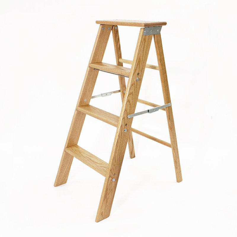 36" Red Oak 3-Step Foldable Rolling Ladder