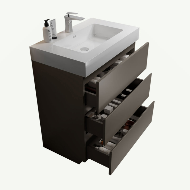 Meuble-lavabo autoportant de 30 po avec lavabo, grand meuble-lavabo autoportant pour salle de bain moderne, lavabo une pièce sans drain ni robinet, pré-assemblé