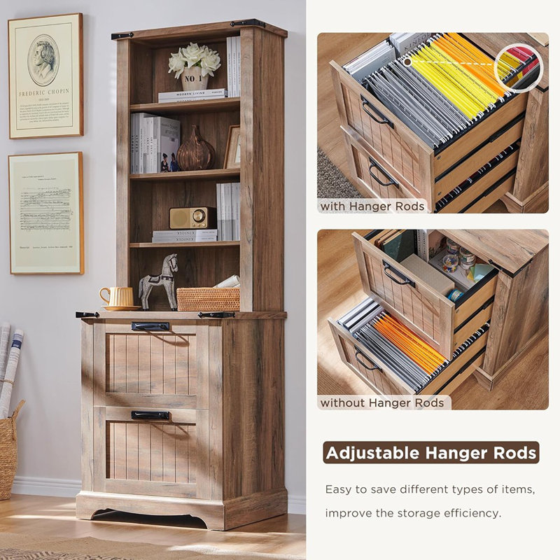 Bookcase With 2 File Drawers, 72" Tall Farmhouse Booksh...