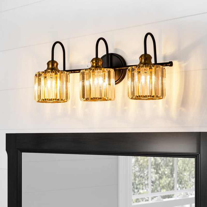 Gjystina 3-Light Dimmable Gold-Black/Chrome Crystal Vanity Light, Black/Gold, 5 Lights