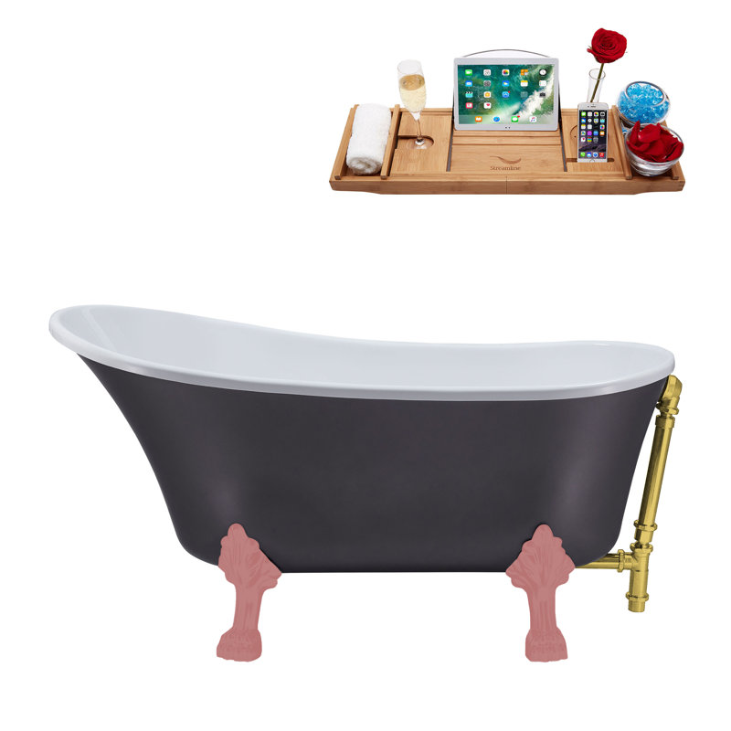 55" Streamline Clawfoot Soaking Acrylic Bathtub With Drain, Clawfeet, and Bamboo Tray, Polished Gold, Matte Pink