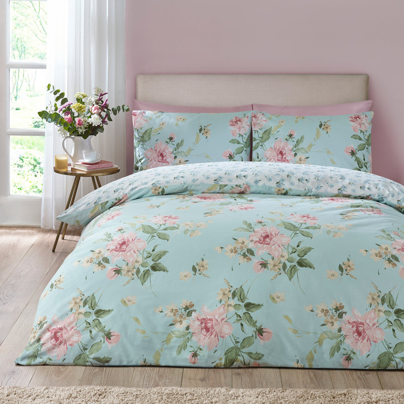 Avebury Floral Reversible Duvet Cover Set, Single, Duck Egg Blue