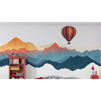 Autocollant mural montgolfière, décoration murale en montagne, coucher de soleil sur la montagne, art mural aventure pour chambre d'enfant, autocollant de voyage pour chambre d'enfant 321 g