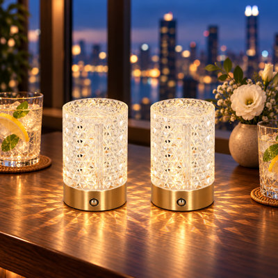 Rechargeable Dimmable Mini Desk Table Lamp with Cylinder Cordless and Diamond-Cut Crystal