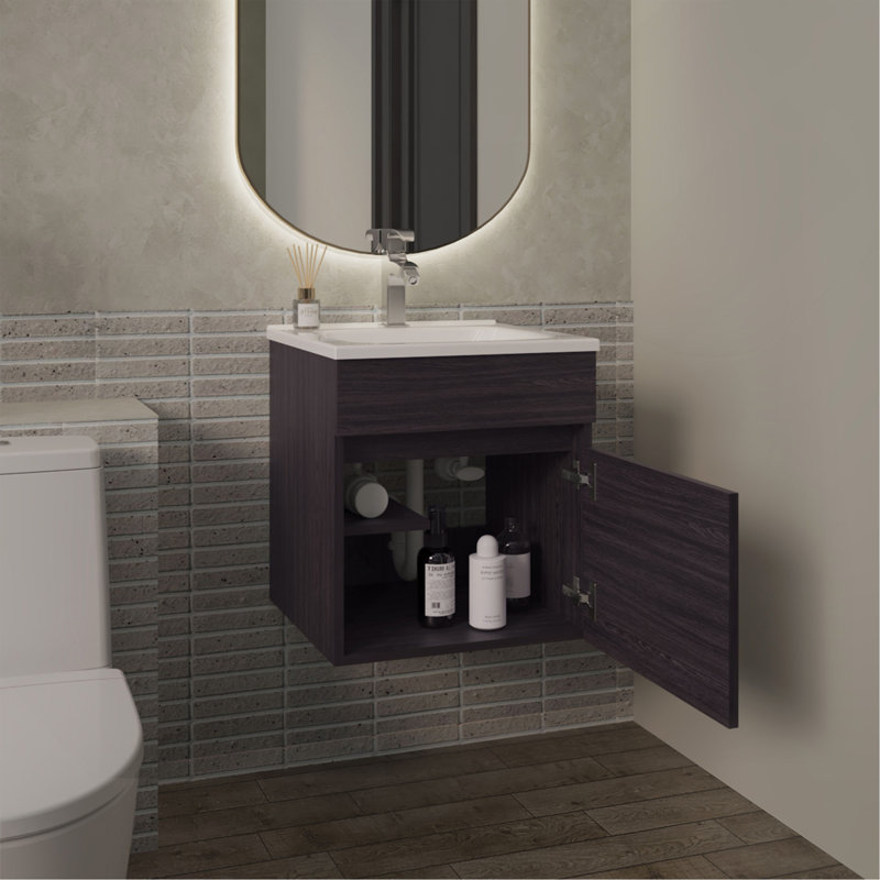 Meuble-lavabo flottant de 18 po de largeur, avec une armoire et deux tablettes, noir