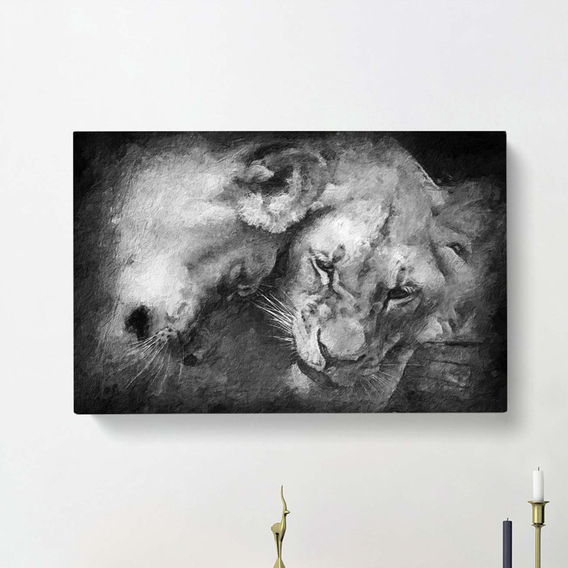Two Snuggling Lions - Wrapped Canvas, 40cm H x 60cm W x 3cm D
