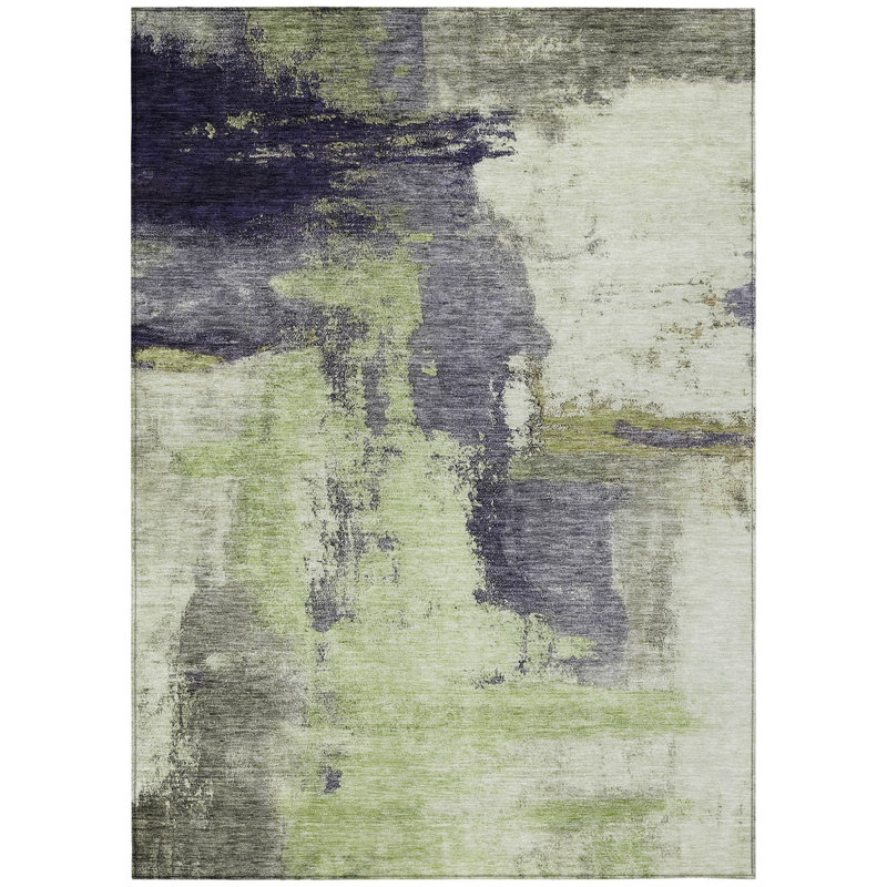 3' X 5' Fern Green Gray And Black Abstract Washable Indoor Outdoor Area Rug