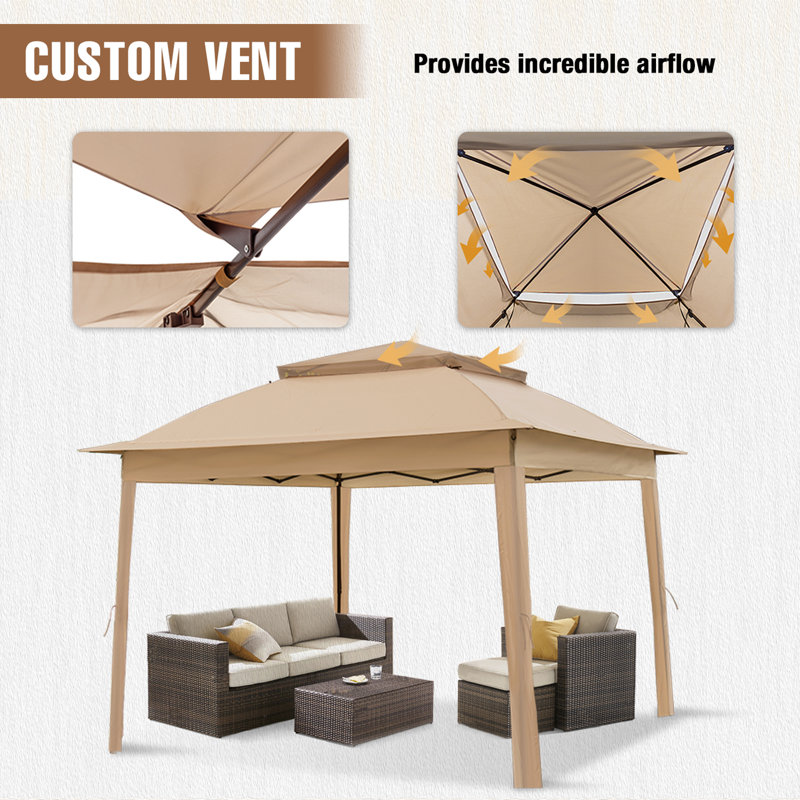 11 Ft. W x 11 Ft. D Pop Up Canopy Patio Gazebo with Mesh Wall, Khaki