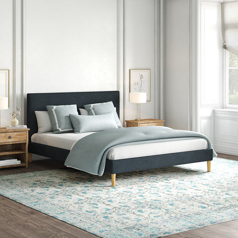 Lit plateforme Olivet, Lin bleu marine classique, Simple