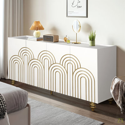 Buffet moderne cannelé avec rangement, élément courbe avec lignes strictes, armoire de rangement à 4 portes avec tablettes réglables pour la cuisine, la salle à manger et le salon