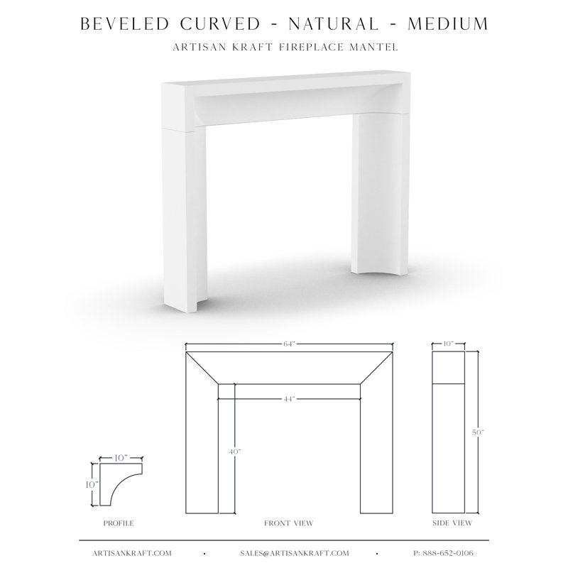 Encadrement de foyer biseauté courbé en pierre de fonte avec foyer Bullnose, Naturel, P 10 po x l 64 po x H 50 po