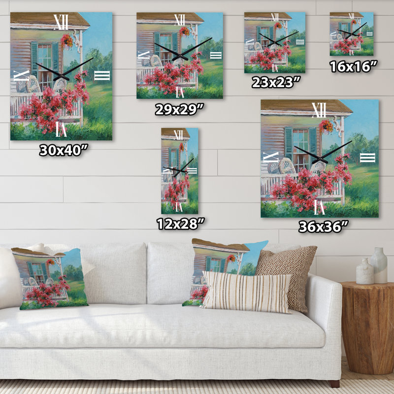 Horloge murale en bois avec patio et fleurs en fleurs, Grand
