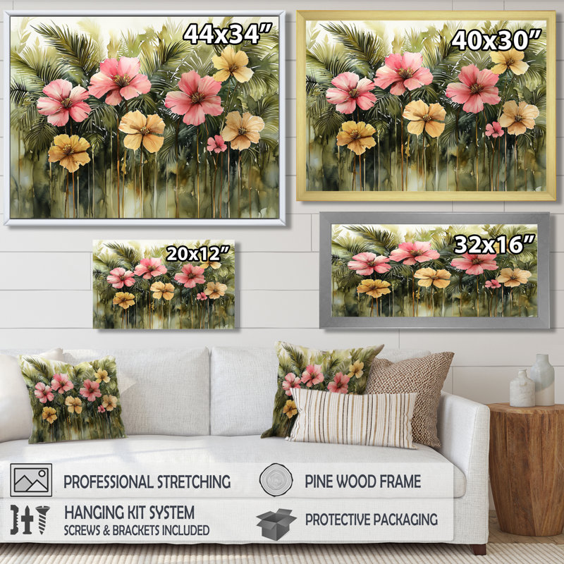 Hibisuc Cliatt tropical dans une symphonie printanière II - Hibiscus, H 30 po x l 40 po, Impression encadrée flottante