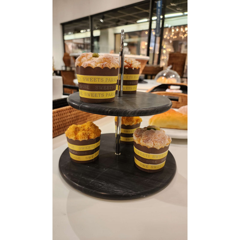 Black Matte Marble 2-Tier Round Dessert Plate with Metal Handle