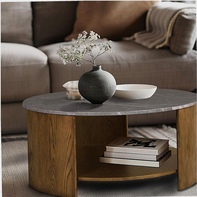 Table basse circulaire avec tablette, Chêne, Oak, Marbre