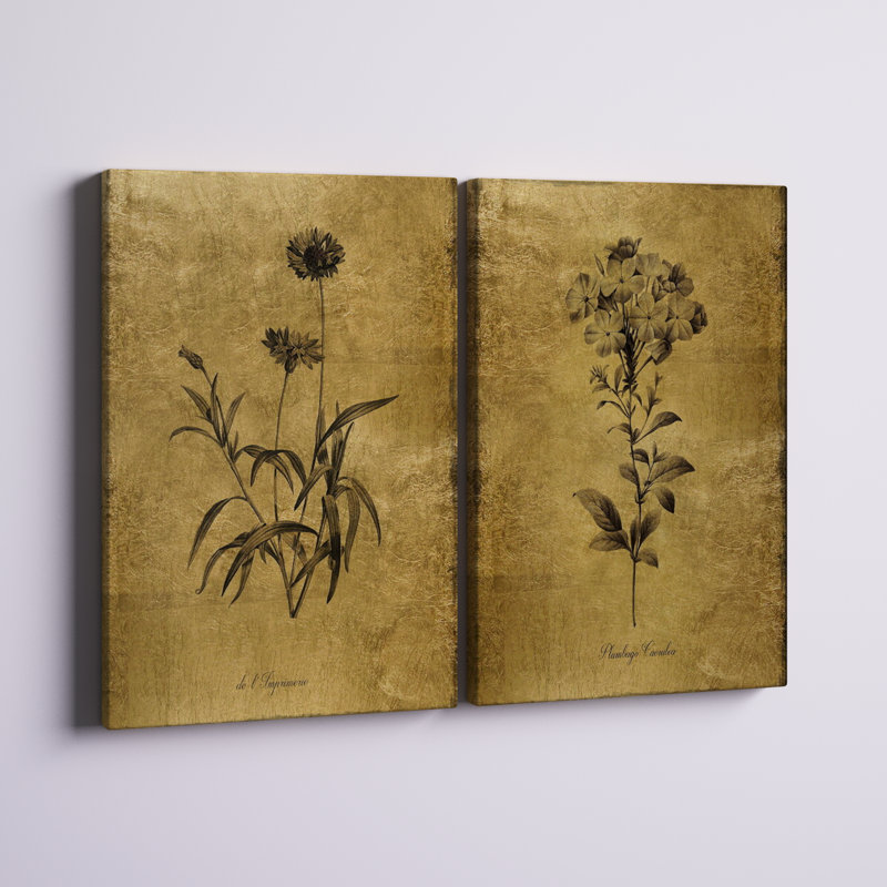 Croquis d'or Botanique I - Ensemble de 2 peintures sur toiles, H 27 po x l 36 po, Toile tendue, Sans cadre