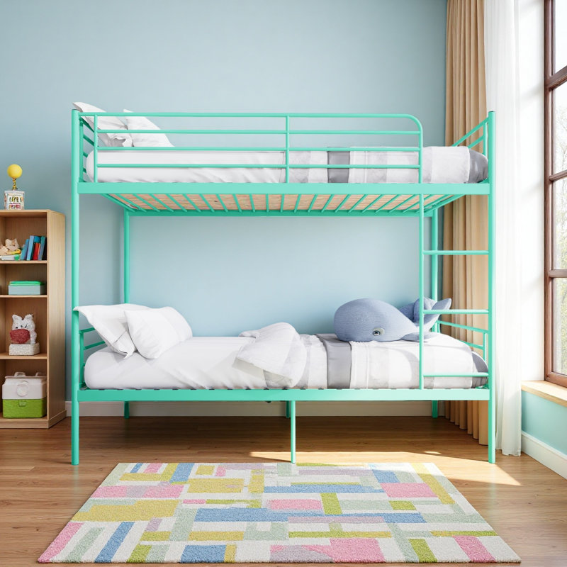 Bunk Bed With Ladder And High Guardrail, Able To Split, Metal Bunk Bed, Storage Space, Noise Free,Twin Over Twin Size, Green