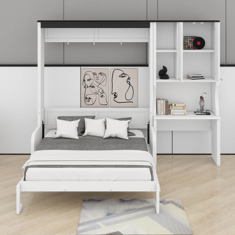 Lit escamotable double avec canapé, bureau et armoire, Lit double