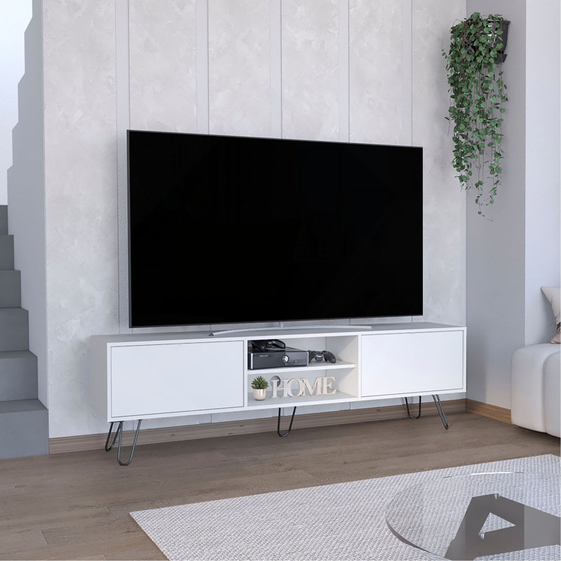 Meuble télé, support en épingle à cheveux avec rangement spacieux et trous de gestion des câbles