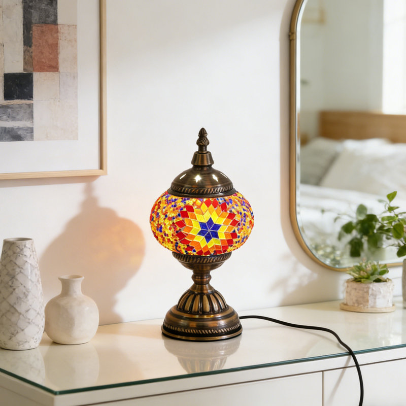 Stained Glass Table Lamp, Bohemian Night Light, Brass Finish Accent Lamp