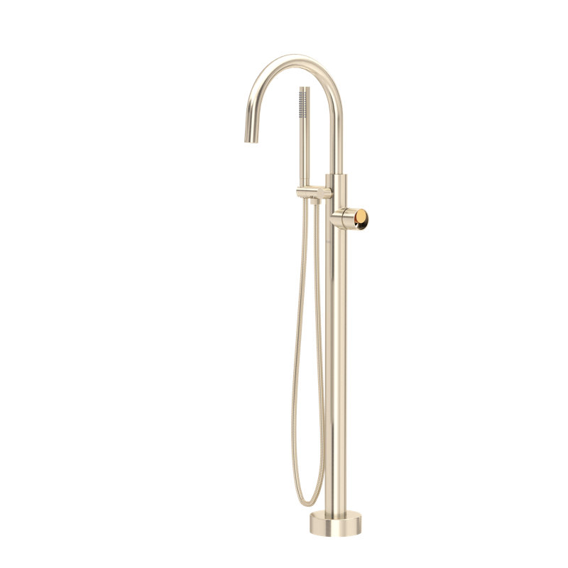 Eclissi Single Hole Floor Mount Tub Filler Trim with C-Spout, Satin Nickel/Satin Gold