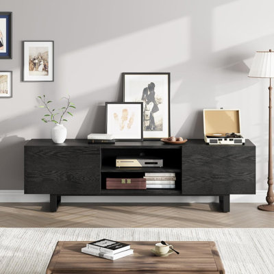 Meuble télé 60 po avec 2 tiroirs, centre de divertissement moderne, meuble multimédia en bois avec pieds robustes et rangement ouvert pour le salon