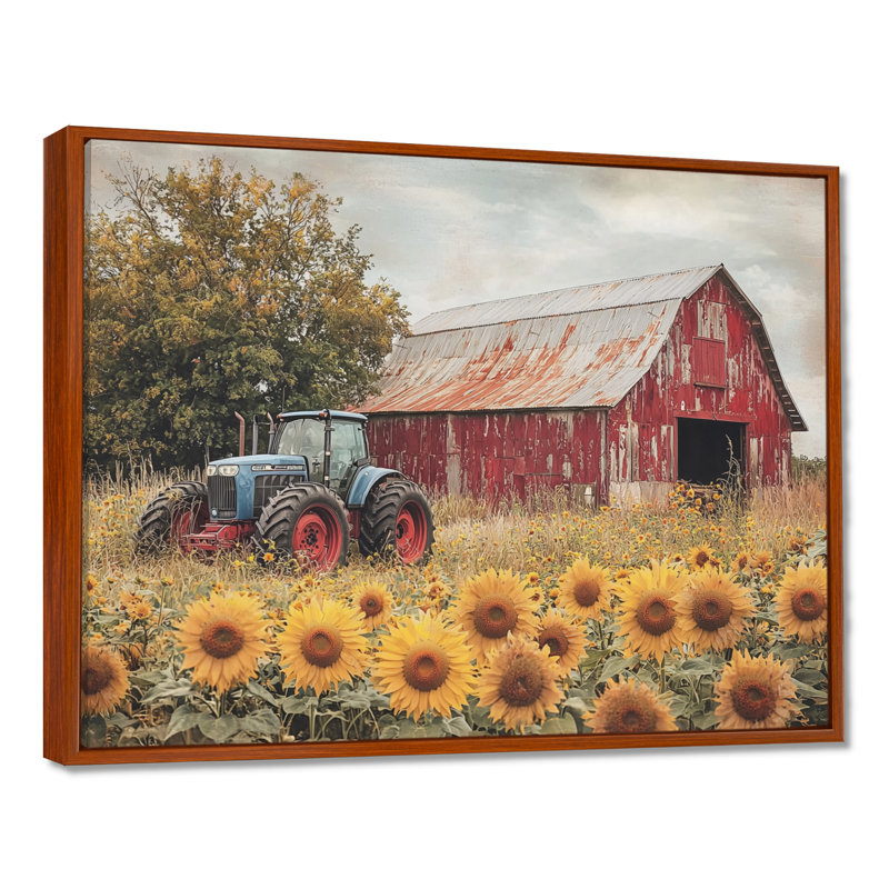 Divyne campagnard côté tournesols avec tracteur ferme III - ferme, art mural, H 30 po x l 40 po, Brun