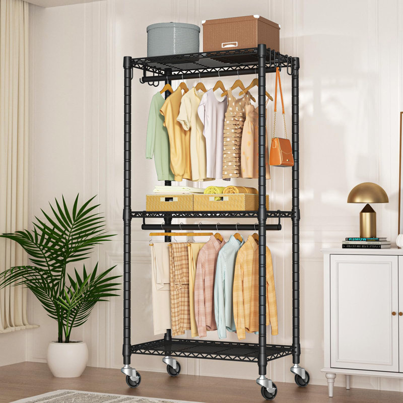 Black Portable Wire Closet System with Wheels, 23.6'' W x 14'' D x 74.5'' H