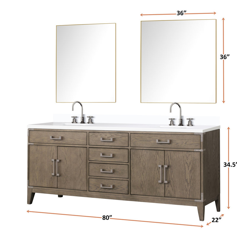 80 po Meuble-lavabo double large en chêne gris avec comptoir en quartz blanc, robinet inclus, 36 miroirs, garniture scellée et durable pour la durabilité