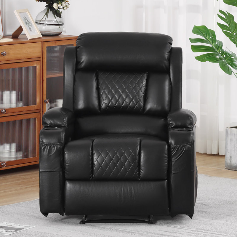 Fauteuil inclinable et chauffant de massage en simili cuir avec porte-gobelets Lumir, Noir