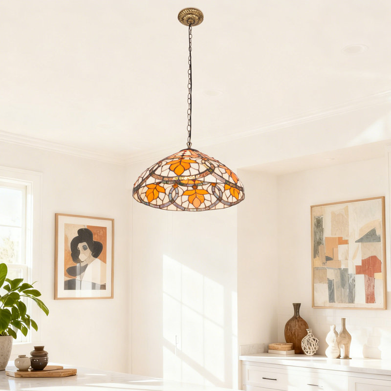 Luminaire suspendu en forme de tête de vitrail unique en forme de dôme floral orange avec ampoules