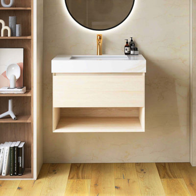 Meuble-lavabo flottant pré-assemblé en contreplaqué avec plateau en pierre frittée Calacatta Gold, lavabo encastré en céramique et capteur de lumière, finition texture travertin