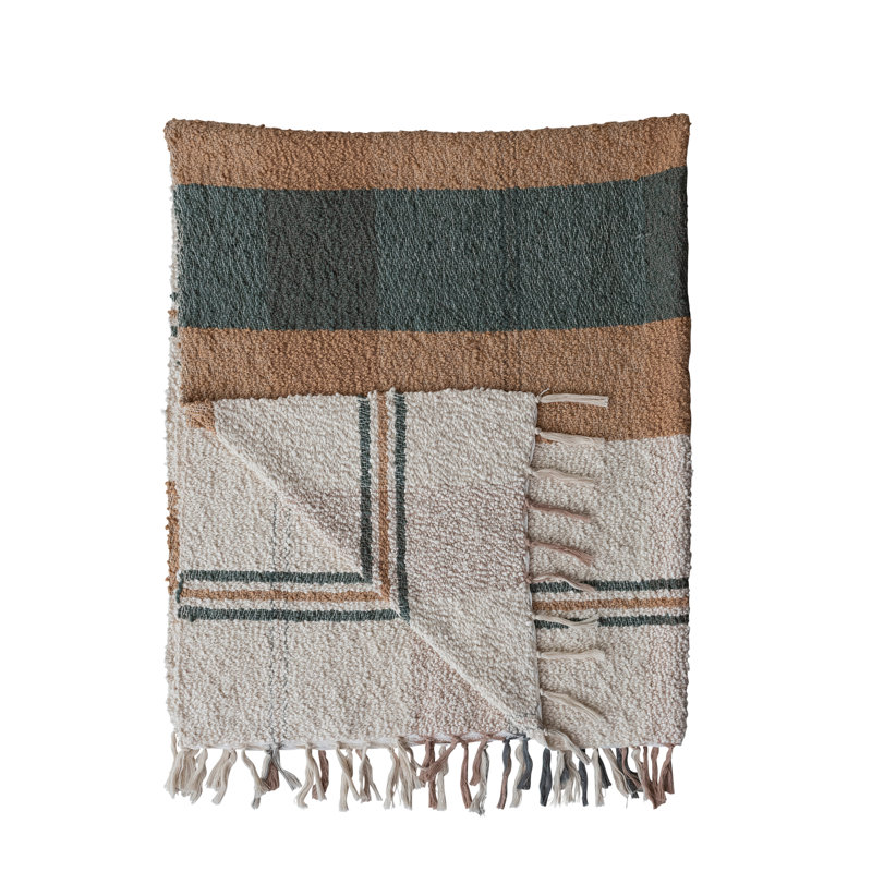 Hand-Woven Cotton Throw with Plaid Pattern and Fringe