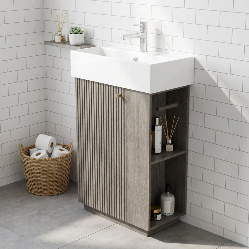 Meuble-lavabo autoportant moderne avec lavabo en céramique et deux armoires de rangement, conception compacte