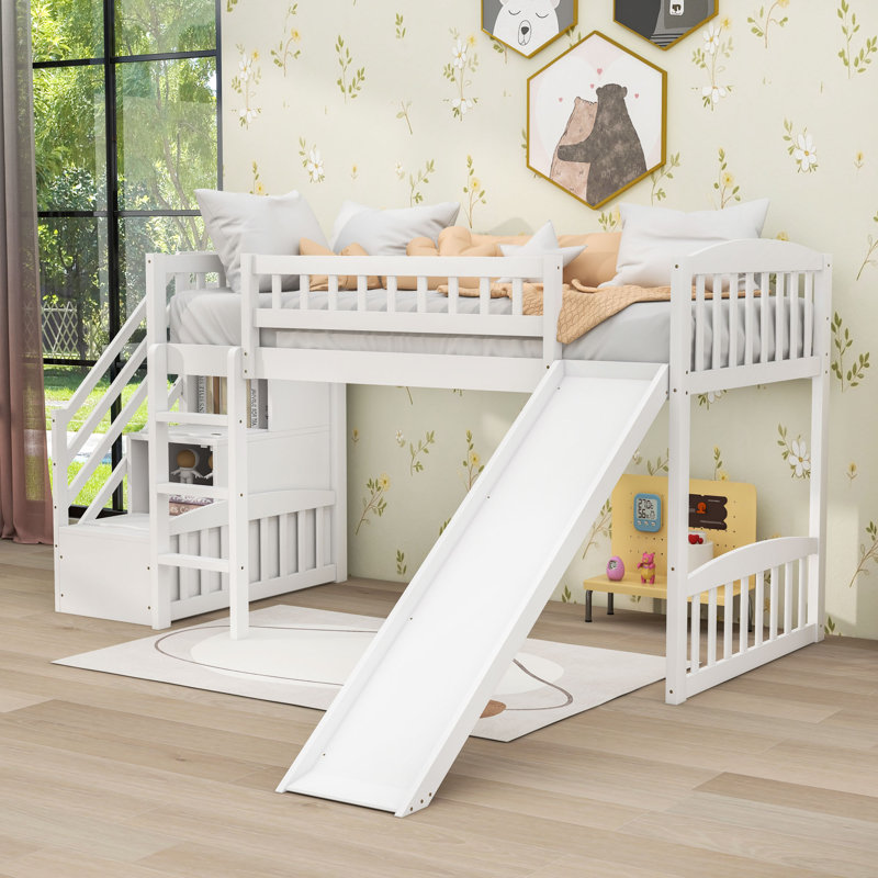 Twin Wood Loft Bed With Slide, Storage Stair & Laddder, Convertible Design, White