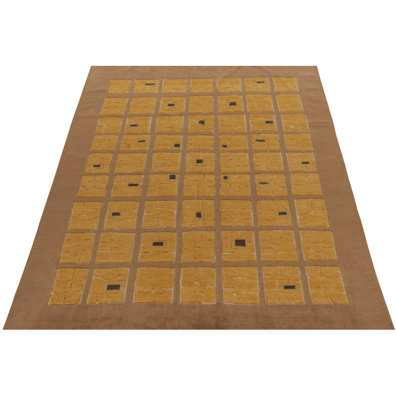 Rug & Kilim’S French Art Deco Rug In Beige-Brown With Gold Square Patterns, Rectangle 6' x 9'