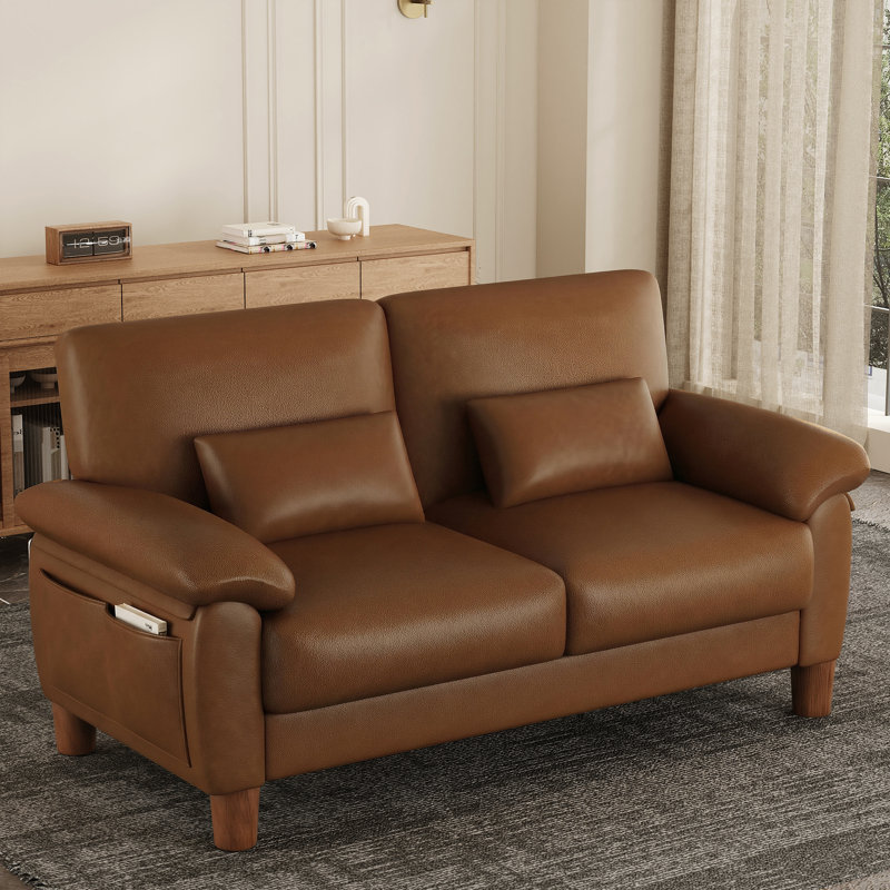 180cm Faux Leather 2-Seater Sofa With Solid Wood Frame, Spring Seat Cushion and Two Throw Pillows, Brown