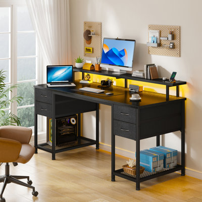 Bureau d'ordinateur de 47 po de largeur avec station de charge et lumières DEL, bureau avec 4 tiroirs en tissu et 2 tablettes de rangement